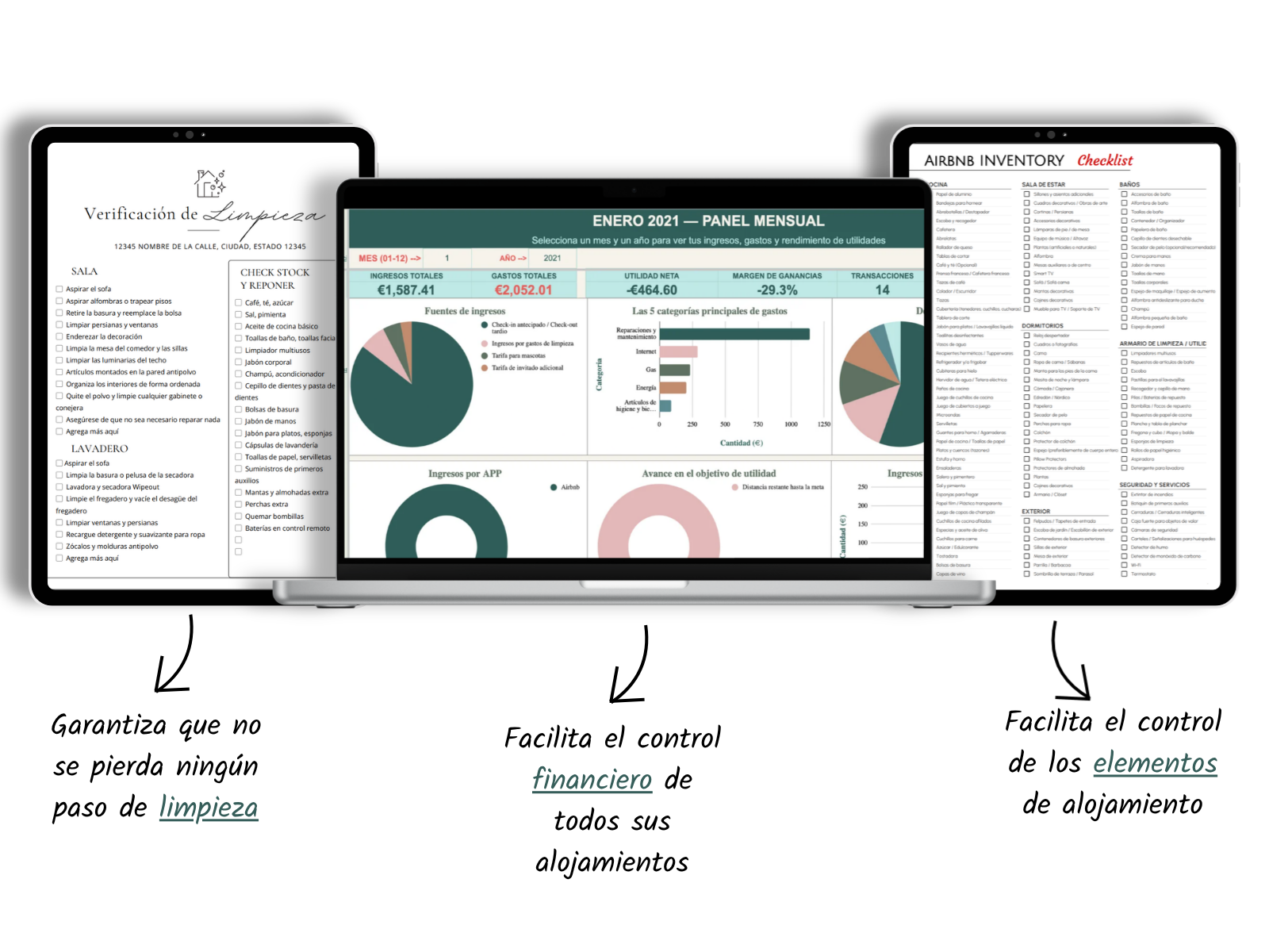 Checklists de limpieza e inventario y plantilla de gestión financiera de Guestify