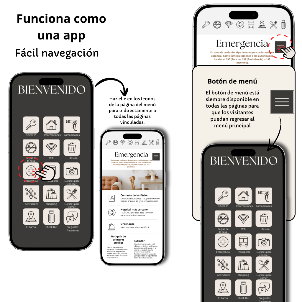 Mockup de la Guía de Bienvenida abierta en un celular junto a páginas internas y banderas indicando traducción en portugués, inglés, español y alemán